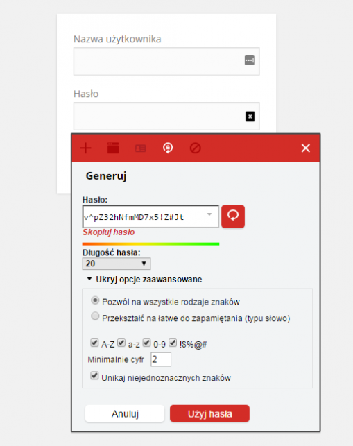 LastPass pozwala na generowanie haseł o różnym poziomie skomplikowania